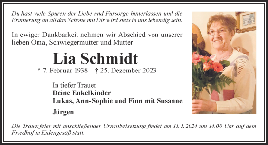 Traueranzeige von Lia Schmidt von Gelnhäuser Neue Zeitung