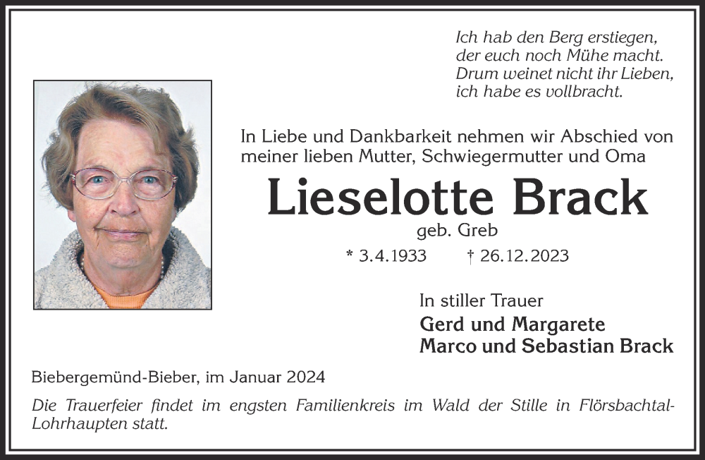  Traueranzeige für Lieselotte Brack vom 20.01.2024 aus Gelnhäuser Neue Zeitung