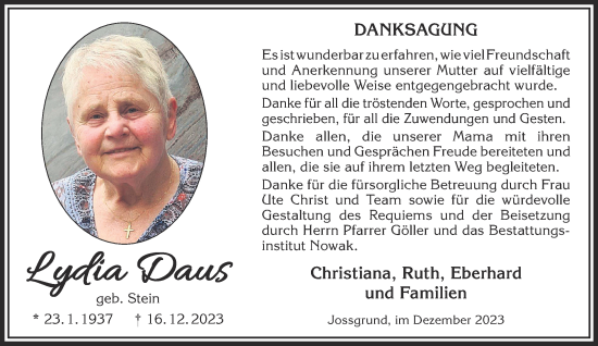 Traueranzeige von Lydia Daus von Gelnhäuser Neue Zeitung