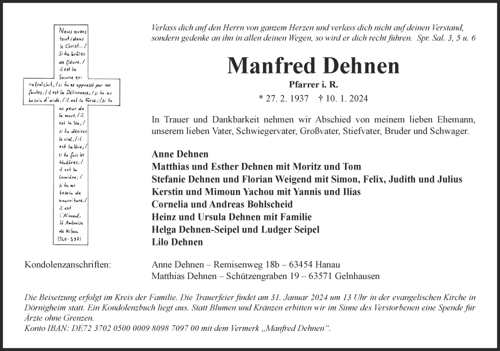  Traueranzeige für Manfred Dehnen vom 20.01.2024 aus Gelnhäuser Neue Zeitung