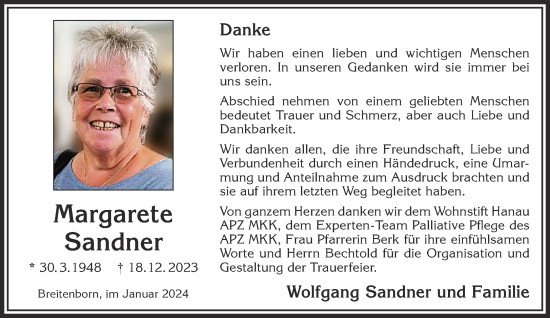 Traueranzeige von Margarete Sandner von Gelnhäuser Neue Zeitung