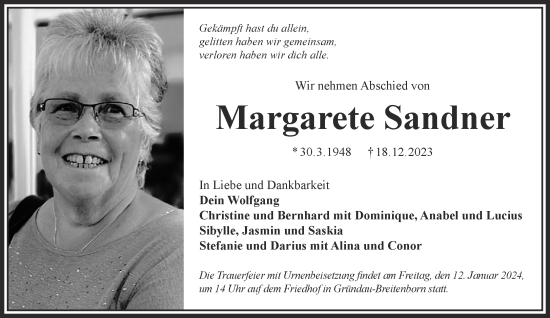 Traueranzeige von Margarete Sandner von Gelnhäuser Neue Zeitung