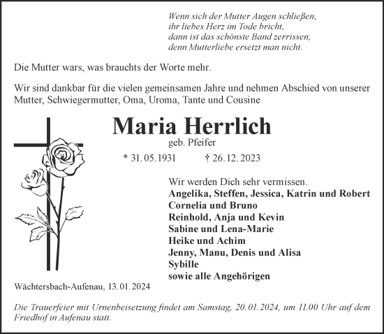 Traueranzeige von Maria Herrlich von Gelnhäuser Neue Zeitung