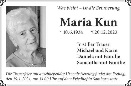 Traueranzeige von Maria Kun von Gelnhäuser Neue Zeitung