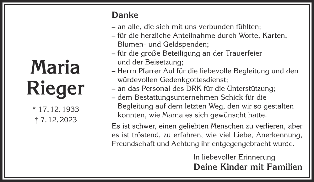  Traueranzeige für Maria Rieger vom 20.01.2024 aus Gelnhäuser Neue Zeitung
