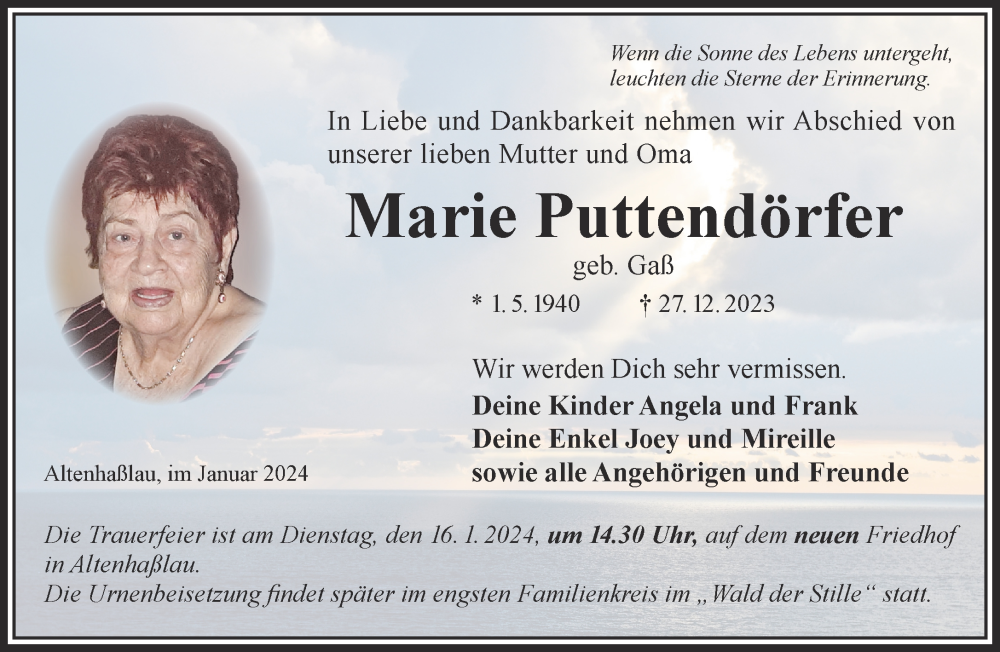  Traueranzeige für Marie Puttendörfer vom 13.01.2024 aus Mittelhessen-Bote