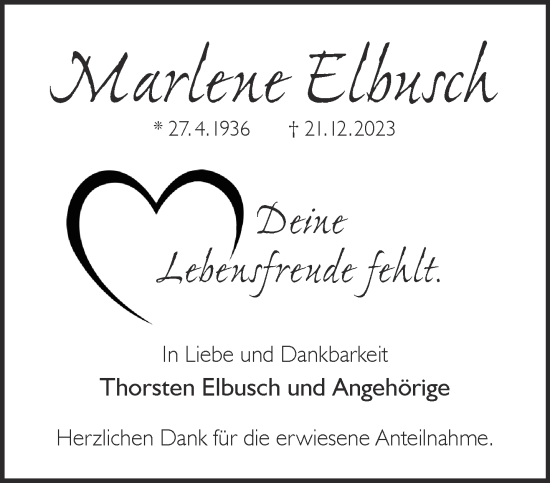 Traueranzeige von Marlene Elbusch von Mittelhessen-Bote