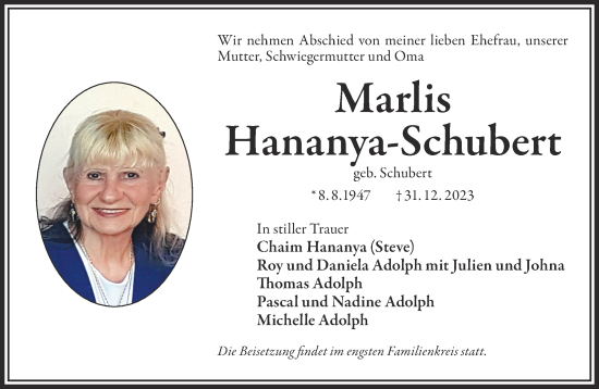 Traueranzeige von Marlis Hananya-Schubert von Mittelhessen-Bote