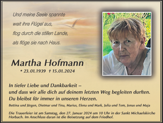 Traueranzeige von Martha Hofmann von Gelnhäuser Neue Zeitung
