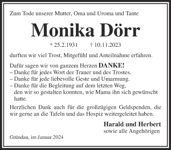 Traueranzeige von Monika Dörr von Gelnhäuser Neue Zeitung