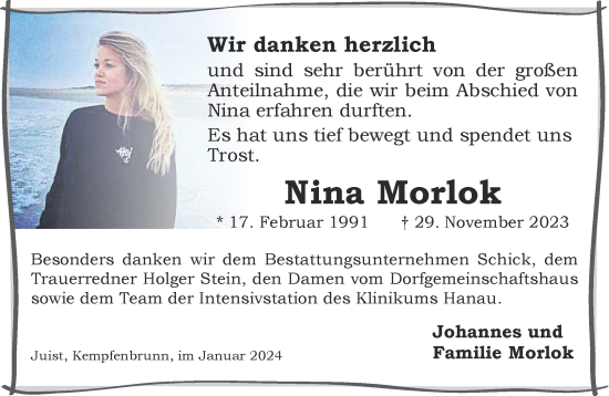 Traueranzeige von Nina Morlok von Gelnhäuser Neue Zeitung
