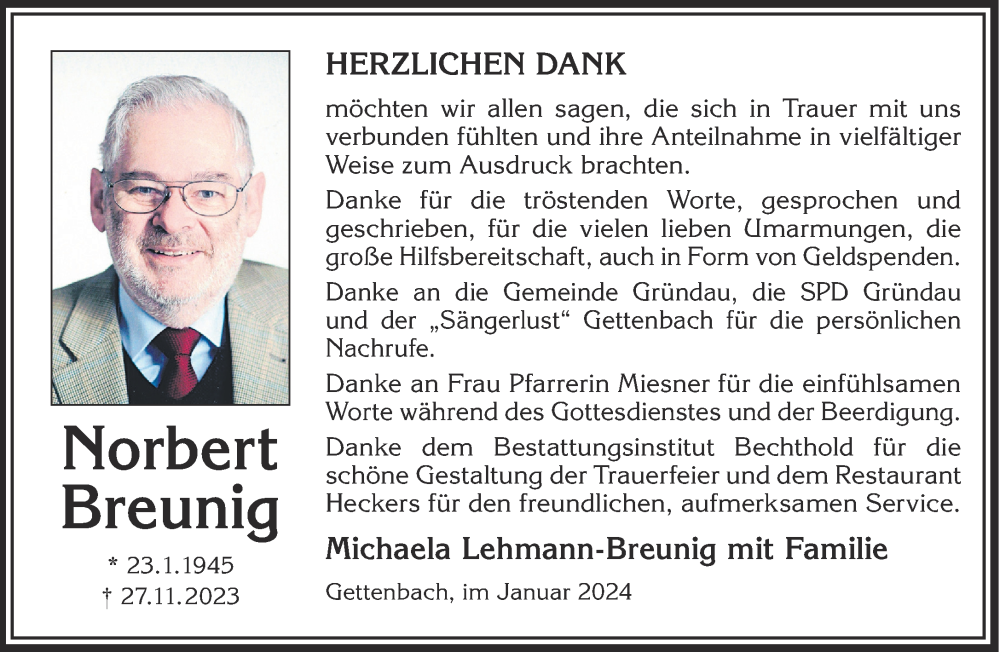  Traueranzeige für Norbert Breunig vom 20.01.2024 aus Gelnhäuser Neue Zeitung