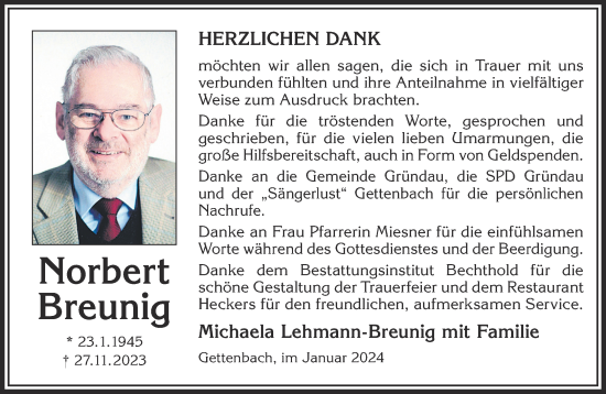 Traueranzeige von Norbert Breunig von Mittelhessen-Bote