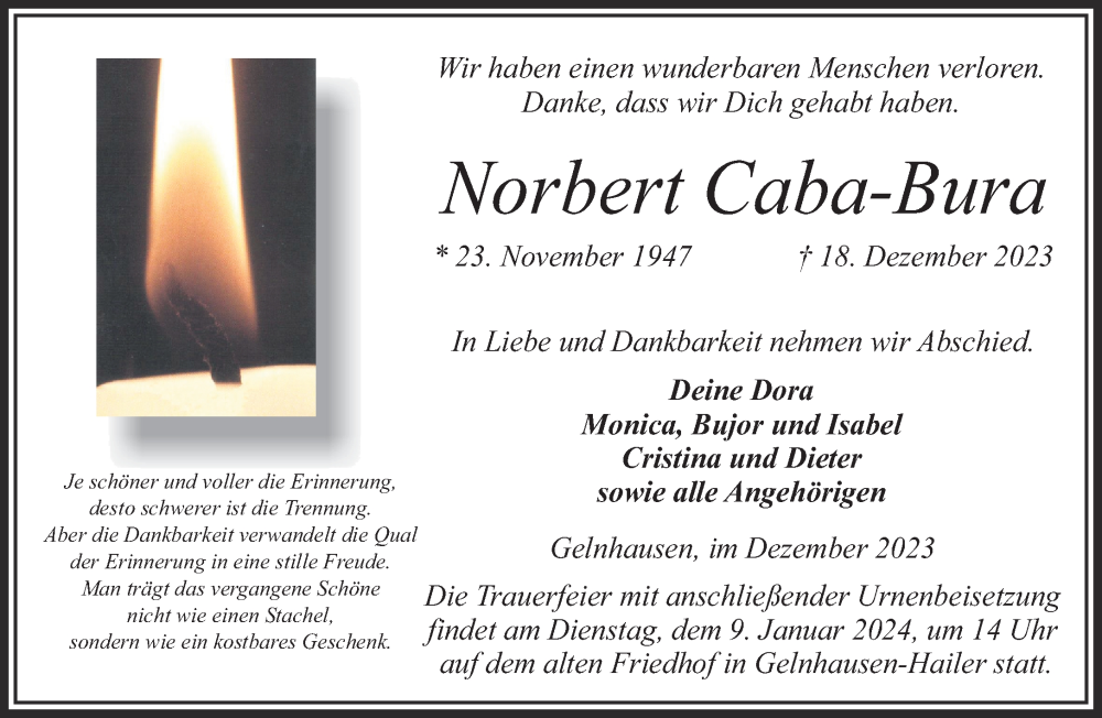  Traueranzeige für Norbert Caba-Bura vom 04.01.2024 aus Gelnhäuser Neue Zeitung