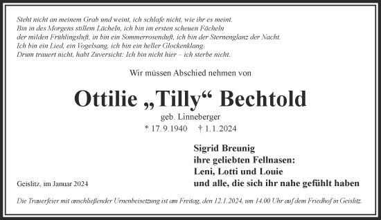 Traueranzeige von Ottilie Bechtold von Gelnhäuser Neue Zeitung