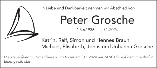 Traueranzeige von Peter Grosche von Gelnhäuser Neue Zeitung