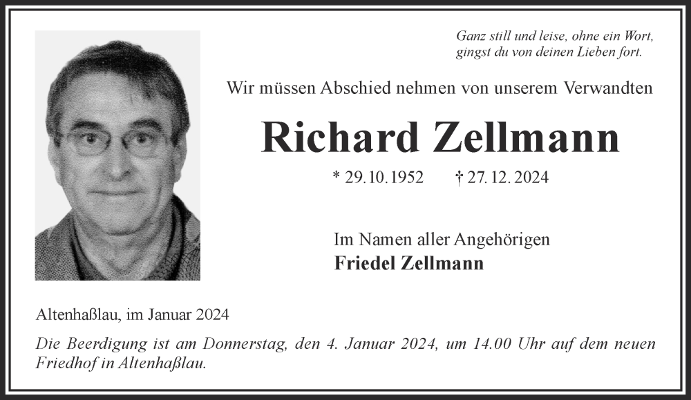  Traueranzeige für Richard Zellmann vom 02.01.2024 aus Gelnhäuser Neue Zeitung