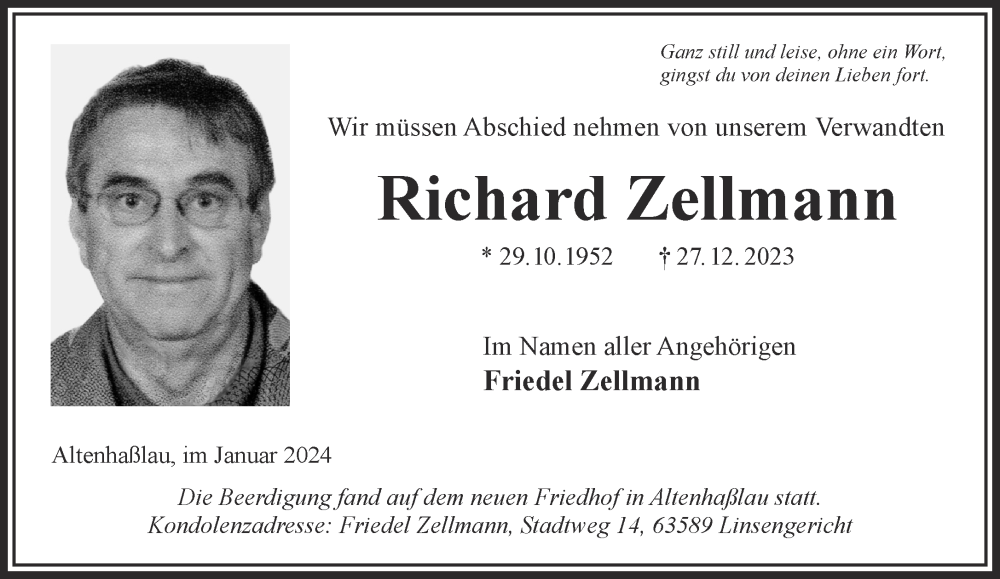  Traueranzeige für Richard Zellmann vom 06.01.2024 aus Mittelhessen-Bote