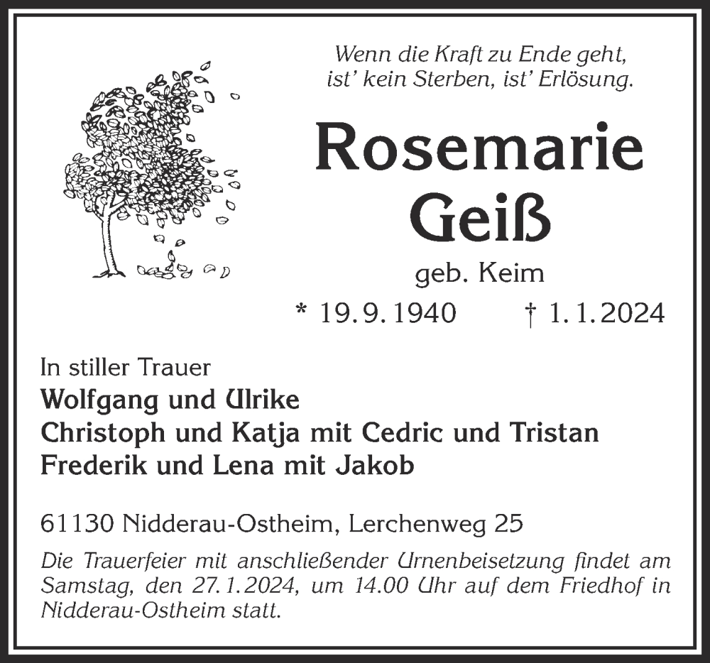  Traueranzeige für Rosemarie Geiß vom 20.01.2024 aus Mittelhessen-Bote