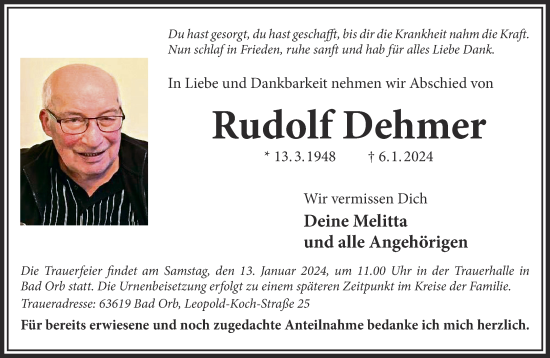Traueranzeige von Rudolf Dehmer von Gelnhäuser Neue Zeitung