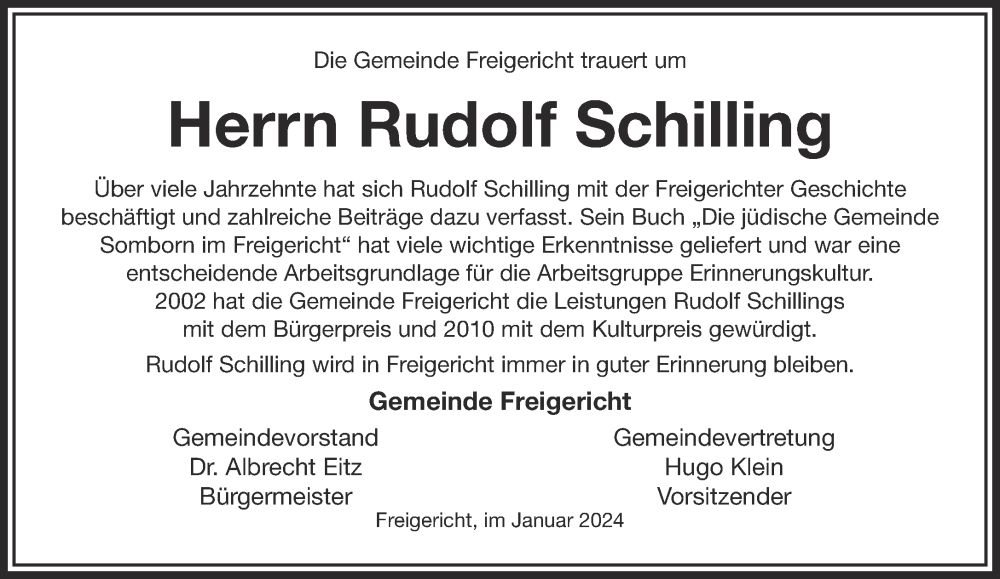  Traueranzeige für Rudolf Schilling vom 27.01.2024 aus Gelnhäuser Neue Zeitung