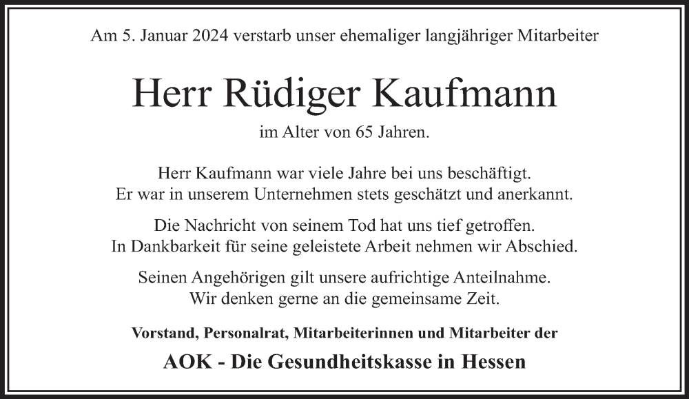  Traueranzeige für Rüdiger Kaufmann vom 09.01.2024 aus Gelnhäuser Neue Zeitung