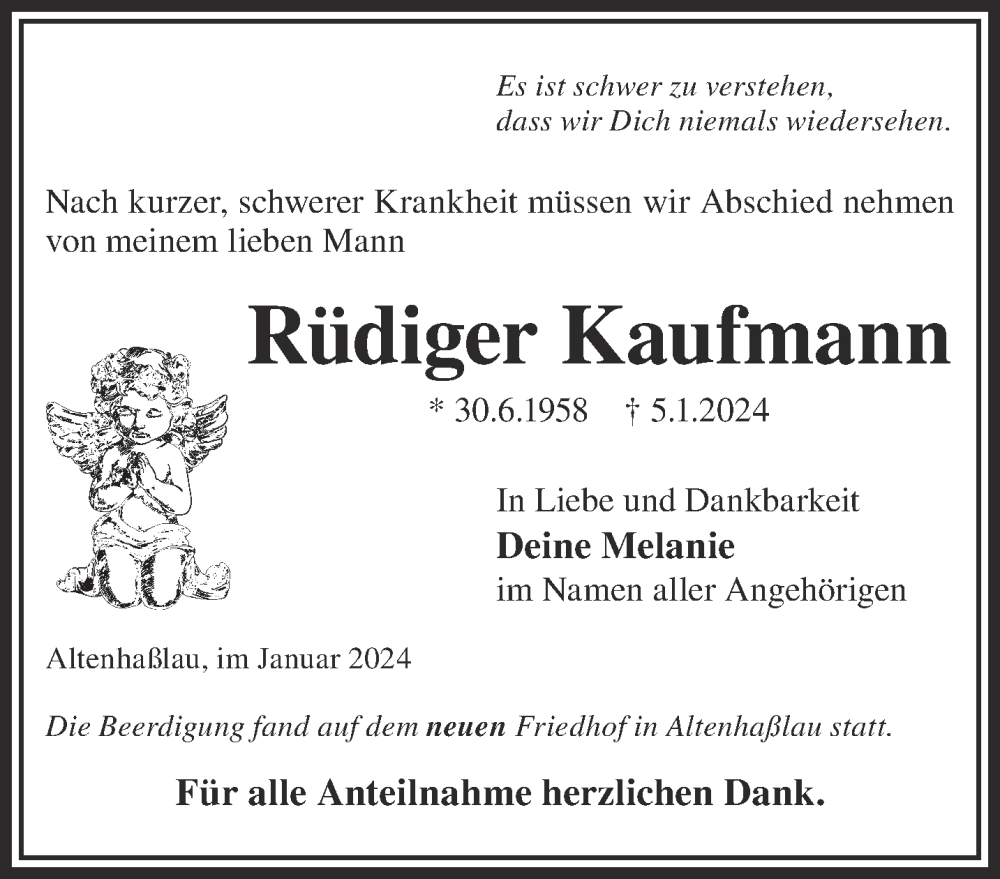  Traueranzeige für Rüdiger Kaufmann vom 13.01.2024 aus Mittelhessen-Bote