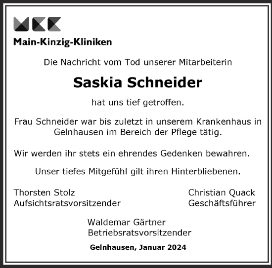 Traueranzeige von Saskia Schneider von Gelnhäuser Neue Zeitung
