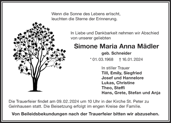 Traueranzeige von Simone Maria Anna Mädler von Gelnhäuser Neue Zeitung