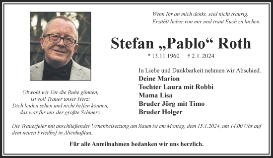 Traueranzeige von Stefan Roth von Mittelhessen-Bote