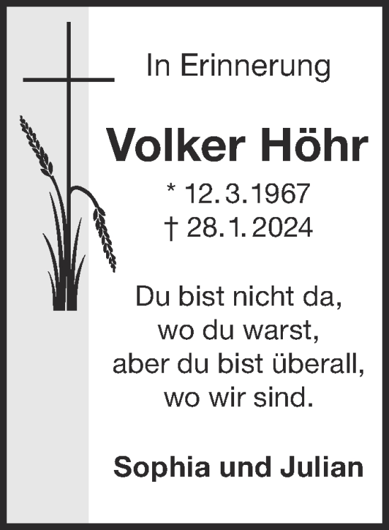 Traueranzeige von Volker Höhr von Gelnhäuser Neue Zeitung