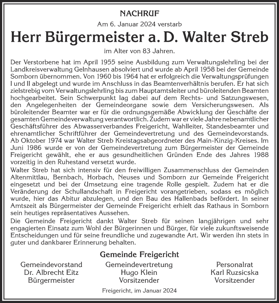  Traueranzeige für Walter Streb vom 27.01.2024 aus Mittelhessen-Bote