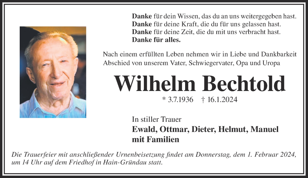  Traueranzeige für Wilhelm Bechtold vom 27.01.2024 aus Mittelhessen-Bote