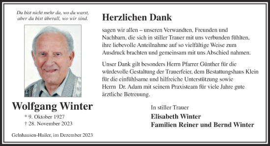 Traueranzeige von Wolfgang Winter von Gelnhäuser Neue Zeitung