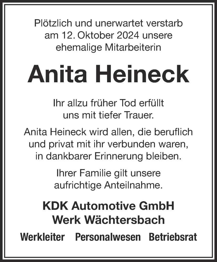  Traueranzeige für Anita Heineck vom 26.10.2024 aus Gelnhäuser Neue Zeitung