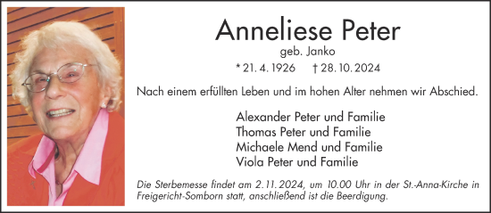 Traueranzeige von Anneliese Peter von Gelnhäuser Neue Zeitung