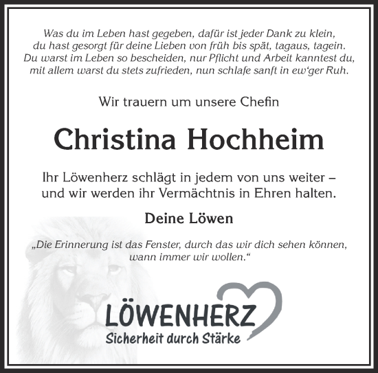 Traueranzeige von Christina Hochheim von Gelnhäuser Neue Zeitung