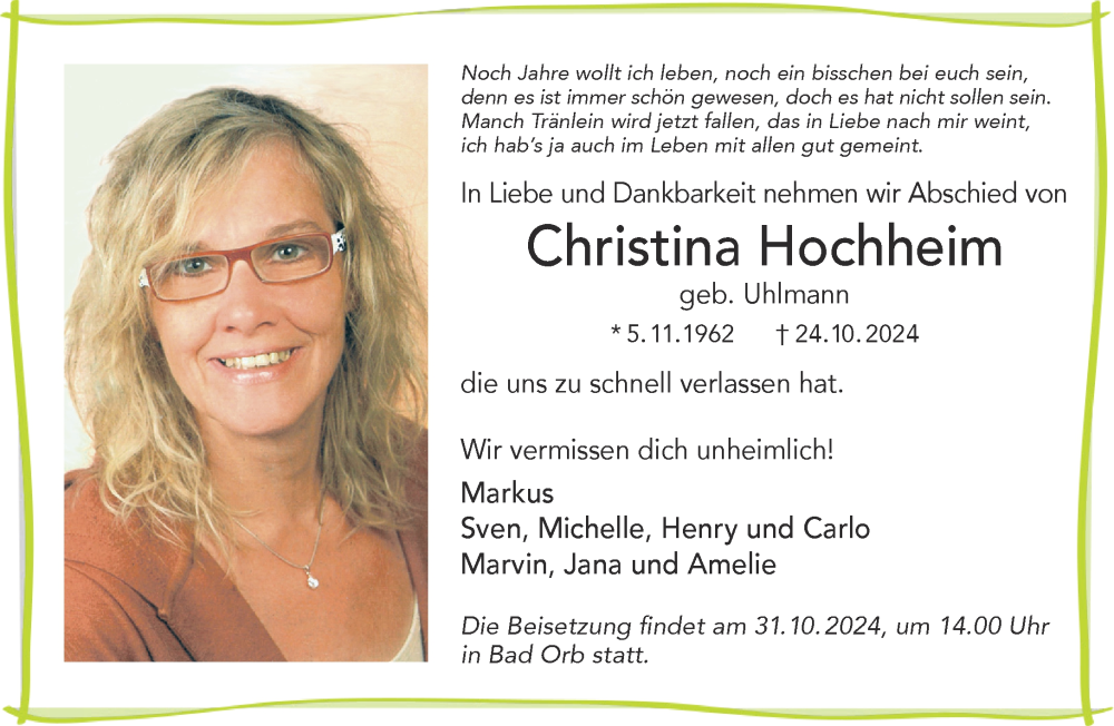  Traueranzeige für Christina Hochheim vom 26.10.2024 aus Gelnhäuser Neue Zeitung