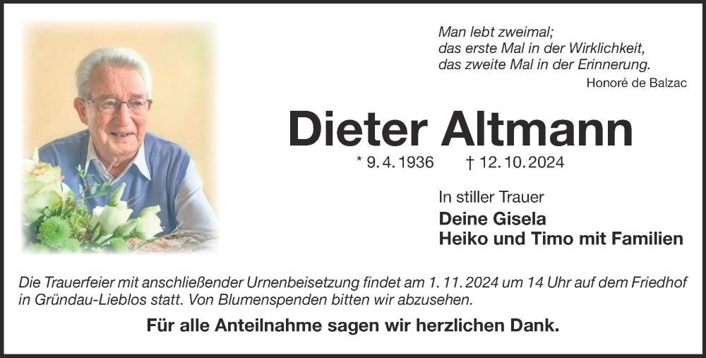  Traueranzeige für Dieter Altmann vom 19.10.2024 aus Gelnhäuser Neue Zeitung