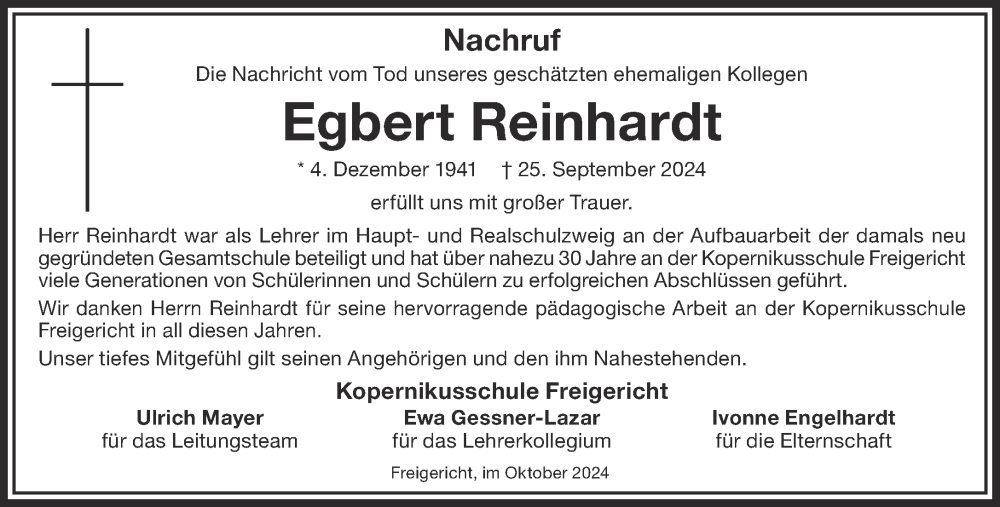  Traueranzeige für Egbert Reinhardt vom 26.10.2024 aus Gelnhäuser Neue Zeitung