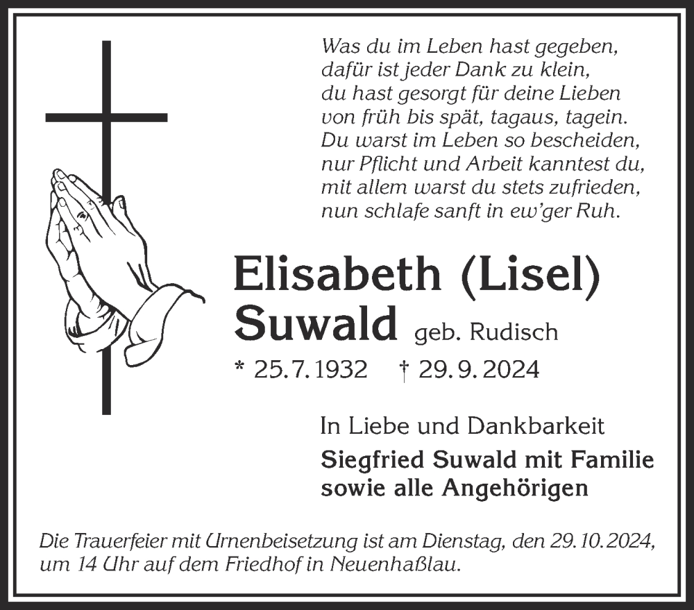  Traueranzeige für Elisabeth Suwald vom 19.10.2024 aus Gelnhäuser Neue Zeitung