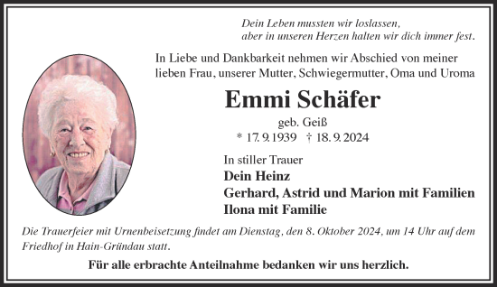 Traueranzeige von Emmi Schäfer von Mittelhessen-Bote