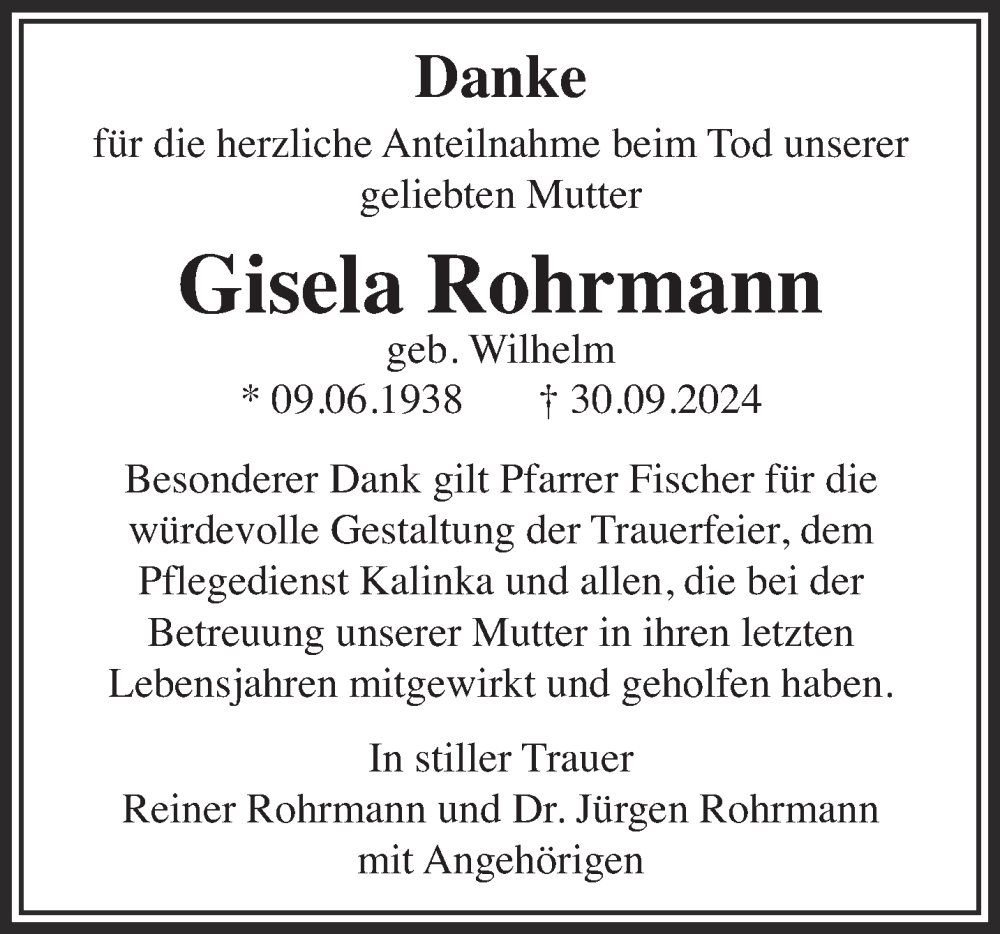  Traueranzeige für Gisela Rohrmann vom 26.10.2024 aus Gelnhäuser Neue Zeitung