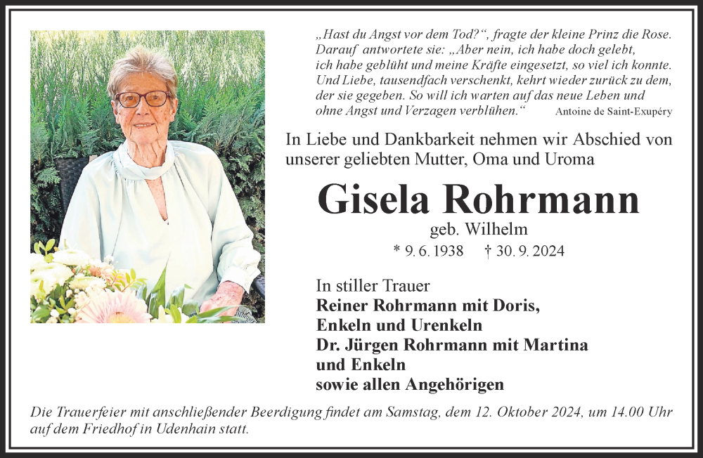  Traueranzeige für Gisela Rohrmann vom 05.10.2024 aus Mittelhessen-Bote