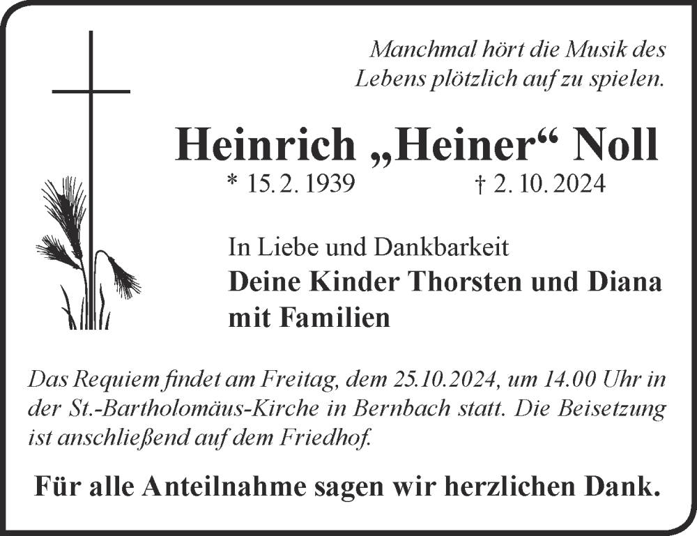  Traueranzeige für Heinrich Noll vom 12.10.2024 aus Gelnhäuser Neue Zeitung