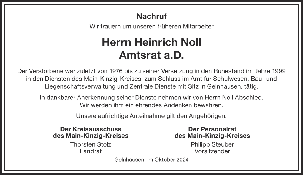  Traueranzeige für Heinrich Noll vom 19.10.2024 aus Mittelhessen-Bote