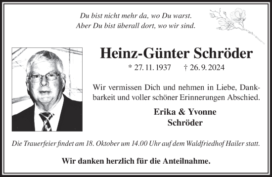 Traueranzeige von Heinz-Günter Schröder von Gelnhäuser Neue Zeitung