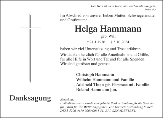 Traueranzeige von Helga Hammann von Gelnhäuser Neue Zeitung