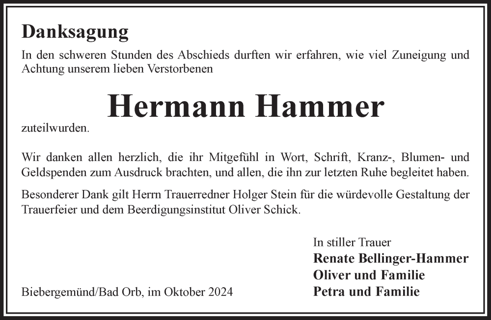  Traueranzeige für Hermann Hammer vom 19.10.2024 aus Mittelhessen-Bote