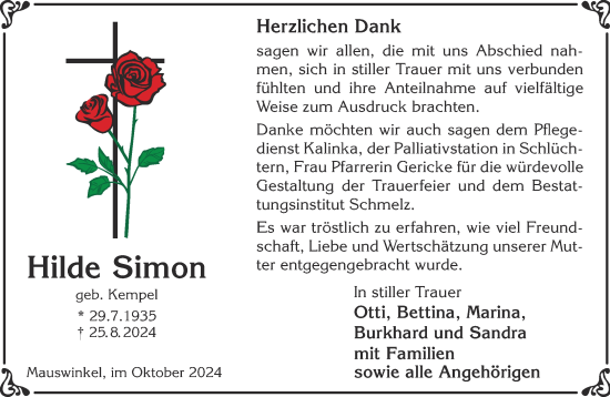 Traueranzeige von Hilde Simon von Gelnhäuser Neue Zeitung